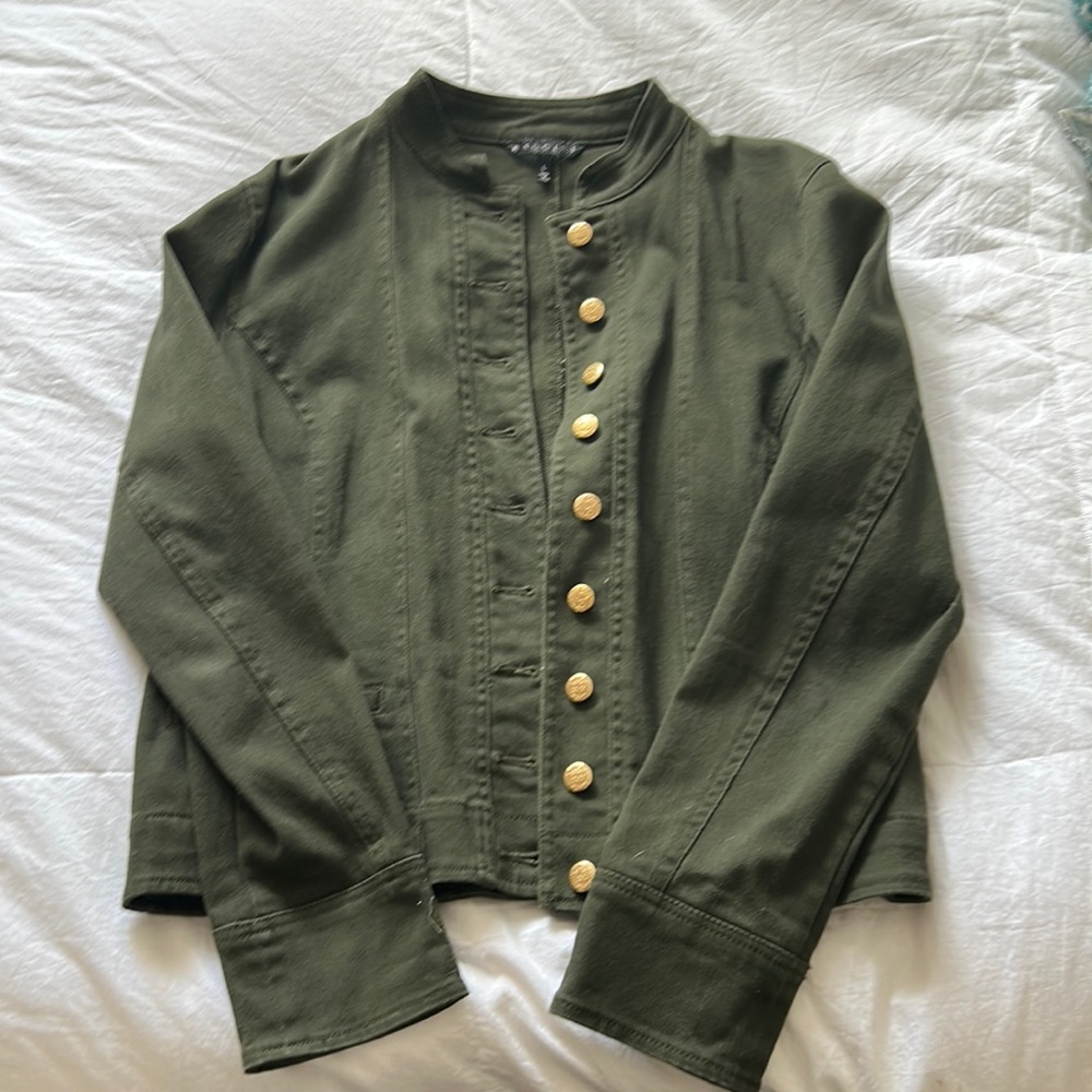 Olive green denim, military style jacket